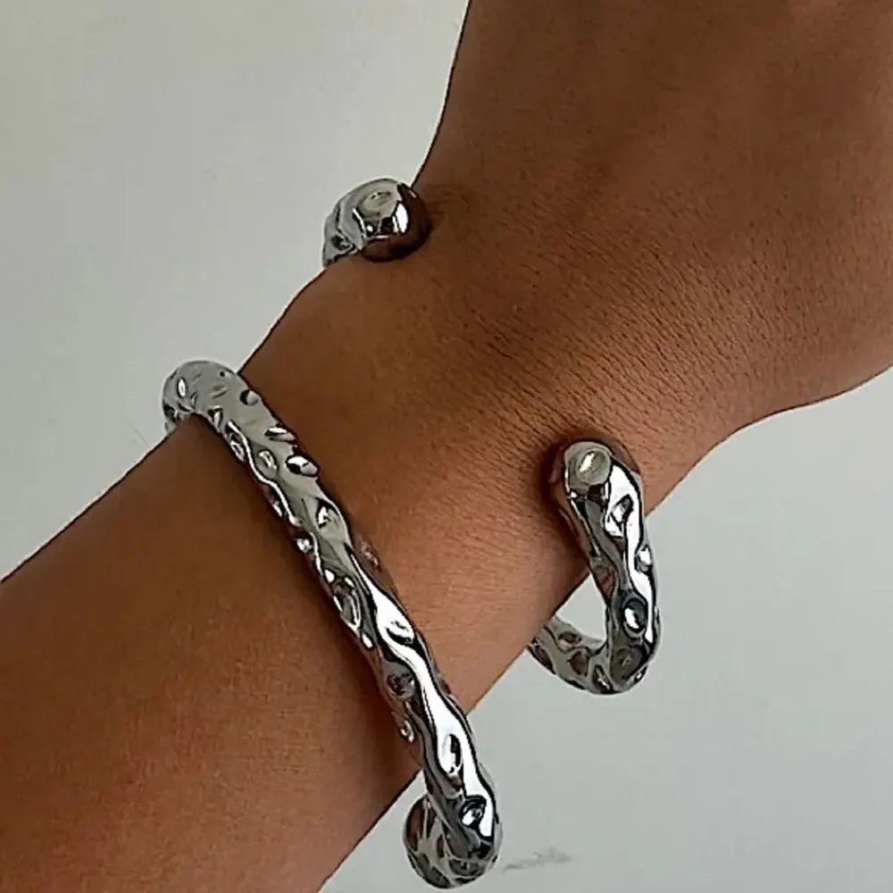 Stainless Steel Irregular Contour Bracelet Bangle Cuff Hammered - Picture 2 of 8